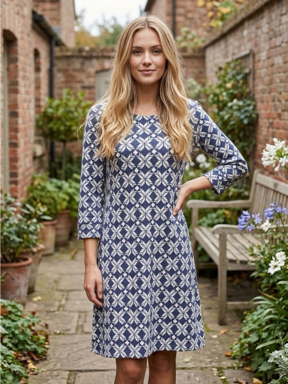 HATLEY Navy Blue White Geometric Print 3/4 Sleeve Cotton Shift Dress